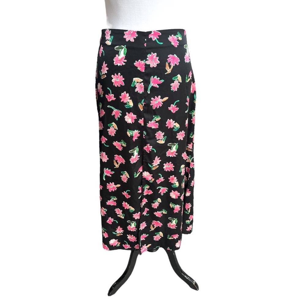 Zara Floral Front Slit Satin Effect Midi Skirt Black Pink Green Size Medium